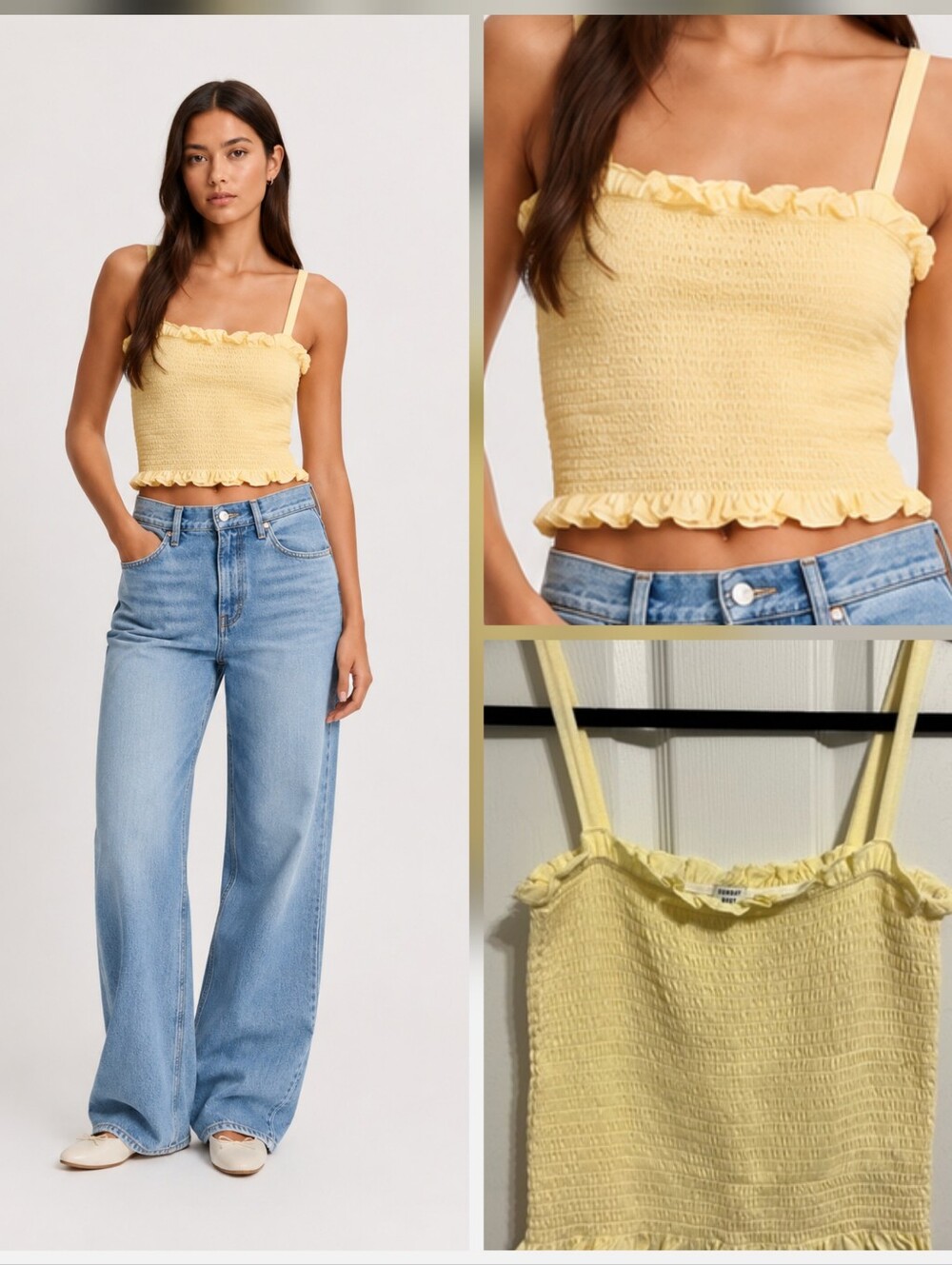 Aritzia Sunday Best Smocked Ruffle Crop Tank Top - Butter Yellow